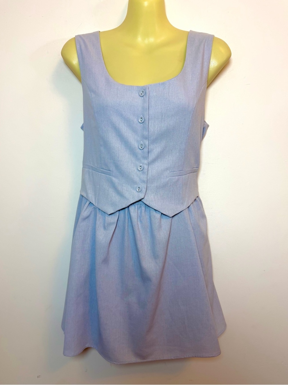 Paper Heart Sleeveless Mini Dress with Buttoned Vest Bodice in Light Blue